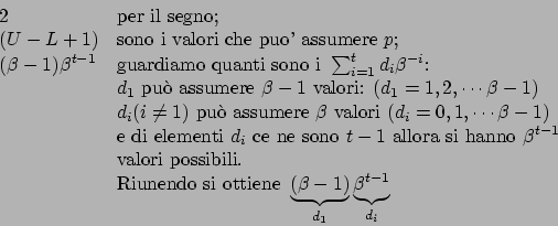 \begin{displaymath}
\begin{array}{ll}
2 & \mbox{per il segno;} \\
(U-L+1) & ...
...\beta-1)}_{d_1}
\underbrace{{\beta}^{t-1}}_{d_i}
\end{array} \end{displaymath}