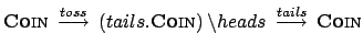 $ \textsc{Coin} \: \stackrel{toss}{\longrightarrow} \:
(tails.\textsc{Coin}) \: \backslash heads \:
\stackrel{tails}{\longrightarrow} \: \textsc{Coin}$