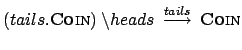 $ (tails.\textsc{Coin}) \: \backslash heads \:
\stackrel{tails}{\longrightarrow} \: \textsc{Coin}$
