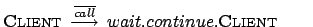 $ \textsc{Client} \:
\stackrel{\overline{call}}{\longrightarrow} \:
wait.continue.\textsc{Client} \qquad $