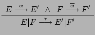 $\displaystyle \renewcommand {\arraystretch}{1.2}
\begin{array}{c}E \stackrel{\...
...\
\hline E\vert F
\stackrel{\tau}{\longrightarrow} E'\vert F'
\end{array}
$